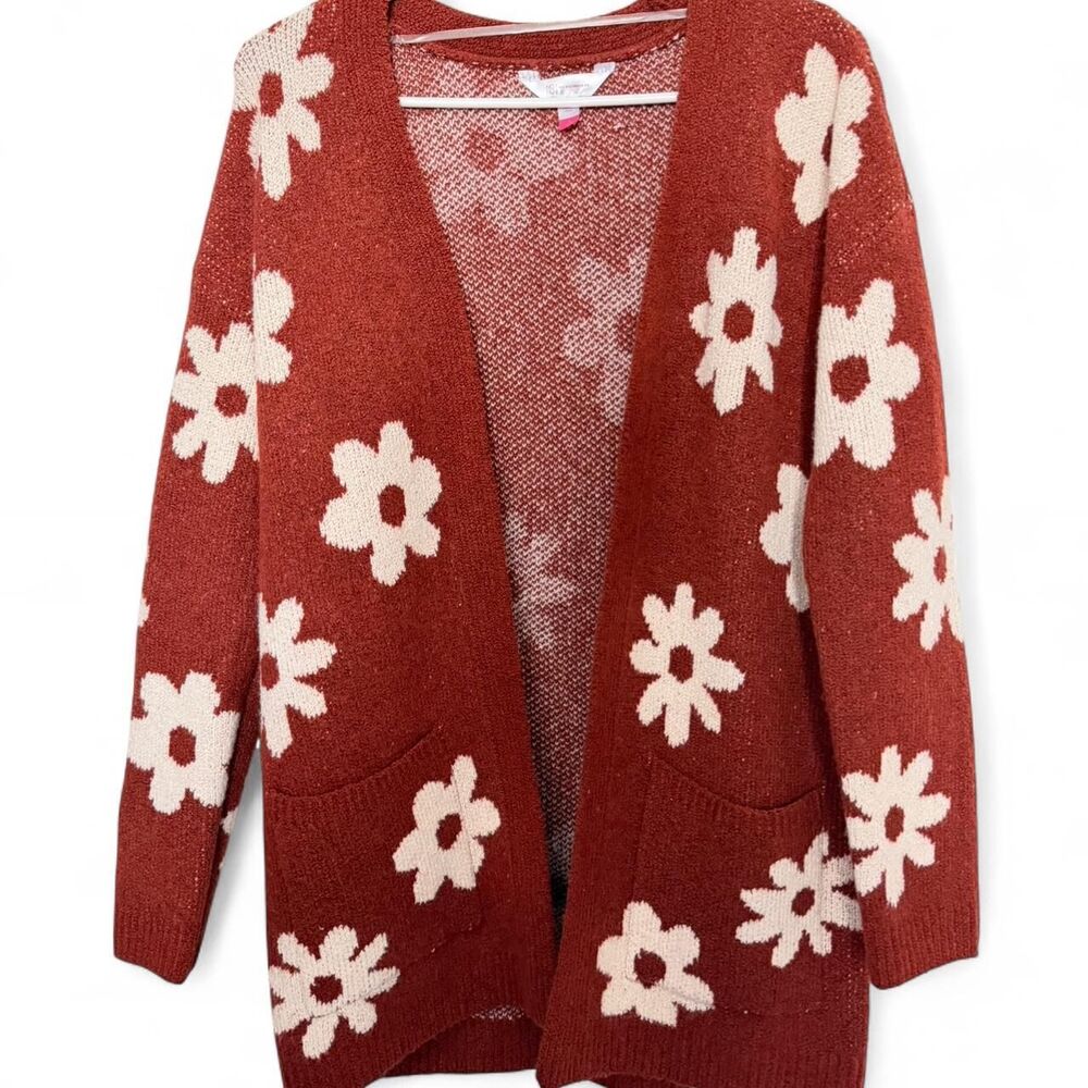 NWT Red and Orange Knit Cardigan with White Flower Detailing